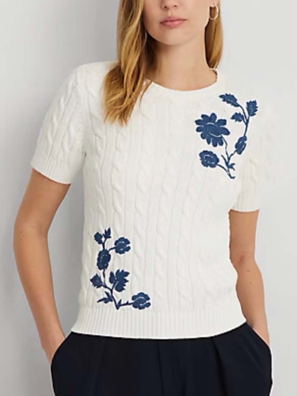Lauren Ralph Lauren Floral Cable-Knit Short-Sleeve Sweater